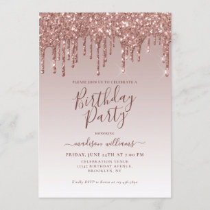 Pink Rose Gold Glitter Sparkle Dripping Birthday Invitation