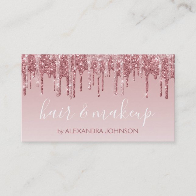 Pink Rose Gold Glitter Sparkle Hair Makeup Business Card (Front)