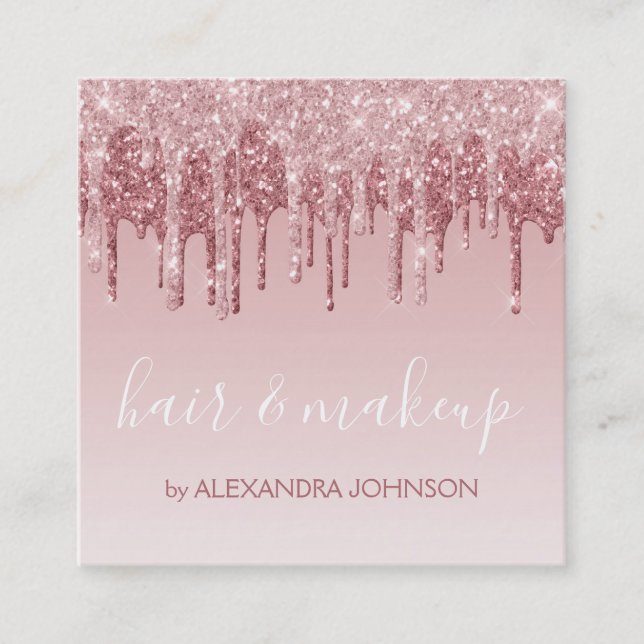 Pink Rose Gold Glitter Sparkle Hair Makeup Square Business Card (Front)