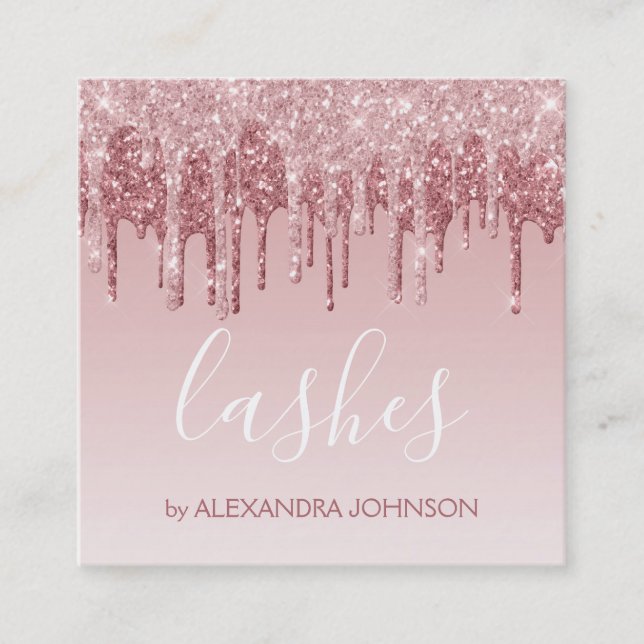 Pink Rose Gold Glitter Sparkle Lashes Square Business Card (Front)
