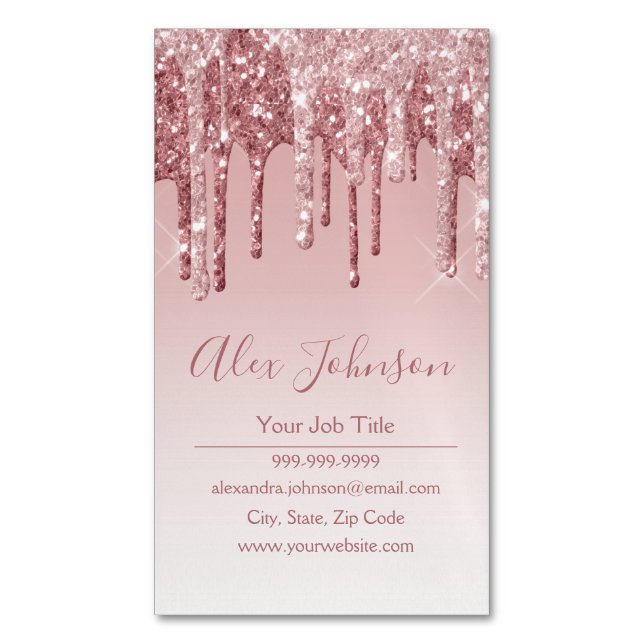 Pink Rose Gold Glitter Sparkle Magnetic Business Card (Front Vertical)