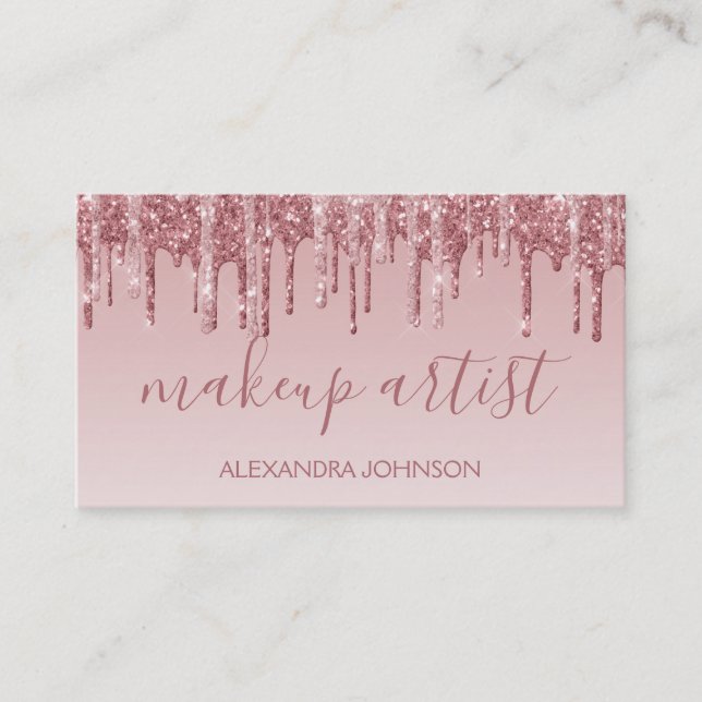 Pink Rose Gold Glitter Sparkle Makeup Artist Business Card (Front)