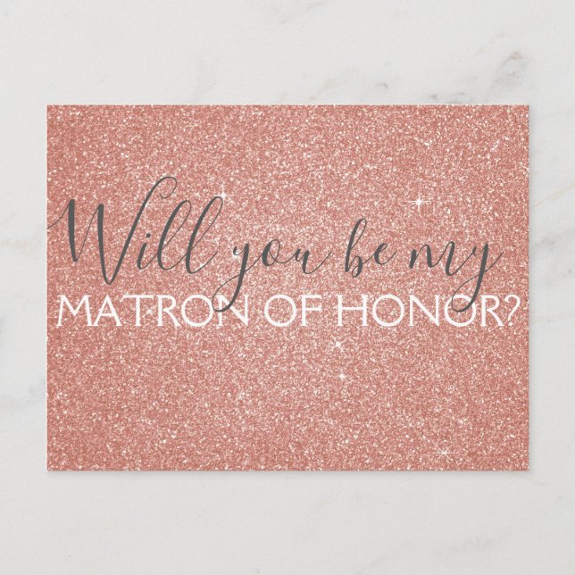 Pink Rose Gold Glitter & Sparkle Matron of Honour Invitation Postcard (Front)