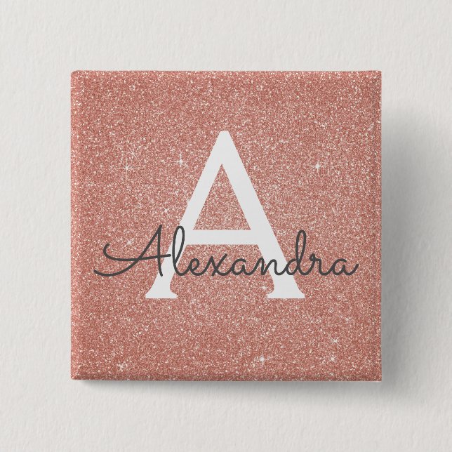 Pink Rose Gold Glitter & Sparkle Monogram 15 Cm Square Badge (Front)