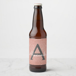 Pink Rose Gold Glitter & Sparkle Monogram Beer Bottle Label