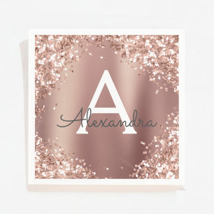 Pink Rose Gold Glitter & Sparkle Monogram Birthday Napkin