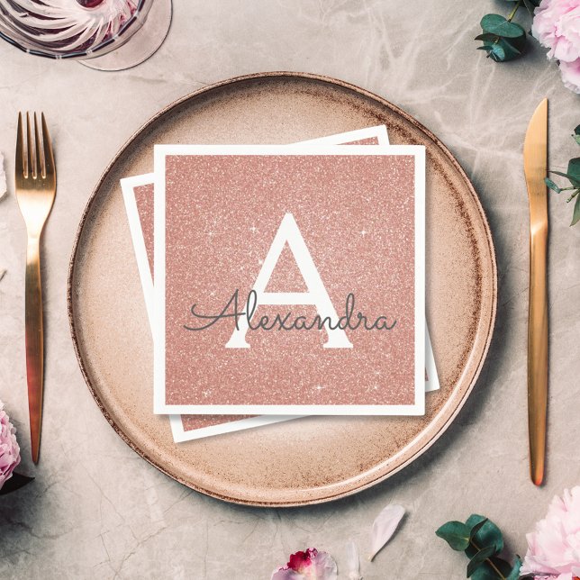 Pink Rose Gold Glitter & Sparkle Monogram Birthday Napkin (Creator Uploaded)