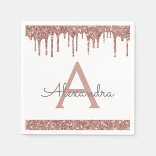 Pink Rose Gold Glitter & Sparkle Monogram Birthday Napkin