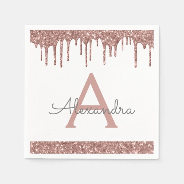 Pink Rose Gold Glitter & Sparkle Monogram Birthday Napkin (Front)