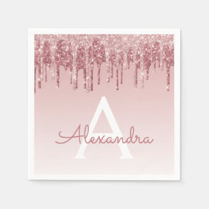 Pink Rose Gold Glitter & Sparkle Monogram Birthday Napkin
