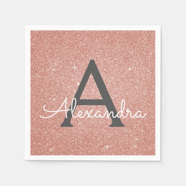 Pink Rose Gold Glitter & Sparkle Monogram Birthday Napkin (Front)