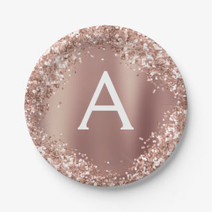 Pink Rose Gold Glitter & Sparkle Monogram Birthday Paper Plate