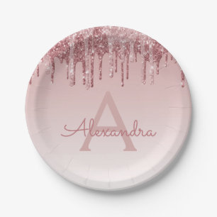 Pink Rose Gold Glitter & Sparkle Monogram Birthday Paper Plate