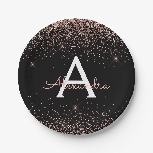 Pink Rose Gold Glitter Sparkle Monogram Birthday Paper Plate (Front)