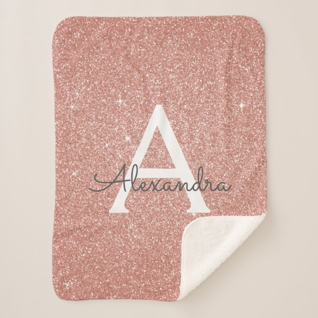 Pink Rose Gold Glitter & Sparkle Monogram Birthday Sherpa Blanket (Front)