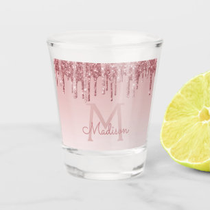 Pink Rose Gold Glitter & Sparkle Monogram Birthday Shot Glass