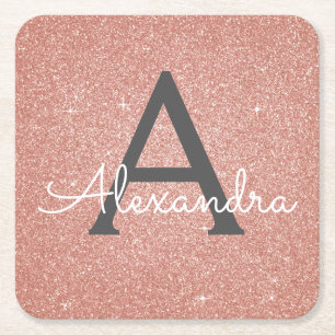 Pink Rose Gold Glitter & Sparkle Monogram Birthday Square Paper Coaster