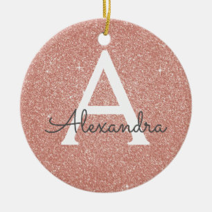 Pink Rose Gold Glitter & Sparkle Monogram Ceramic Tree Decoration