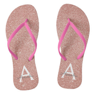 Pink Rose Gold Glitter & Sparkle Monogram Flip Flops