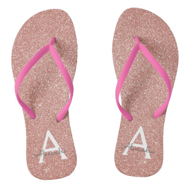 Pink Rose Gold Glitter & Sparkle Monogram Flip Flops (Footbed)