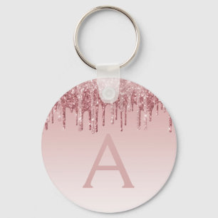 Pink Rose Gold Glitter & Sparkle Monogram Key Ring