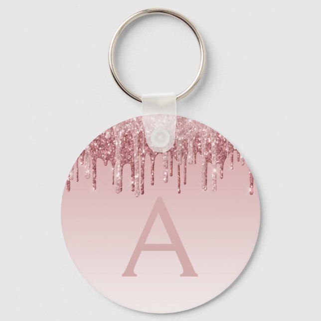 Pink Rose Gold Glitter & Sparkle Monogram Key Ring (Front)