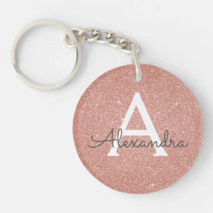 Pink Rose Gold Glitter & Sparkle Monogram Key Ring