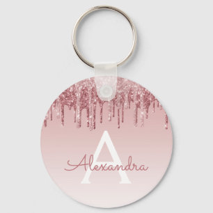 Pink Rose Gold Glitter & Sparkle Monogram Key Ring
