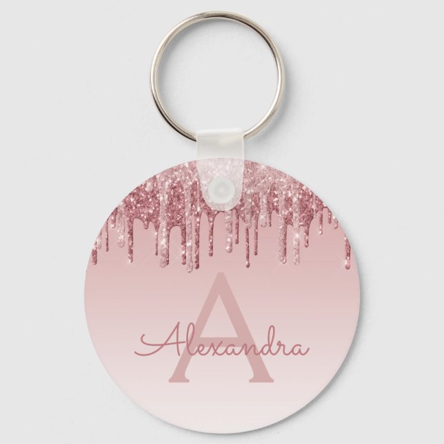 Pink Rose Gold Glitter & Sparkle Monogram Key Ring (Front)