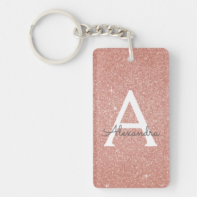 Pink Rose Gold Glitter & Sparkle Monogram Key Ring (Front)