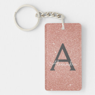 Pink Rose Gold Glitter & Sparkle Monogram Key Ring