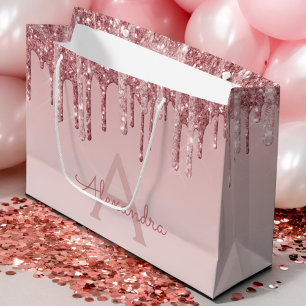 Pink Rose Gold Glitter & Sparkle Monogram Large Gift Bag