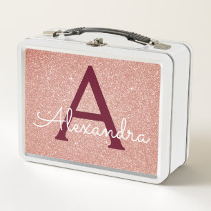 Pink Rose Gold Glitter & Sparkle Monogram Metal Lunch Box