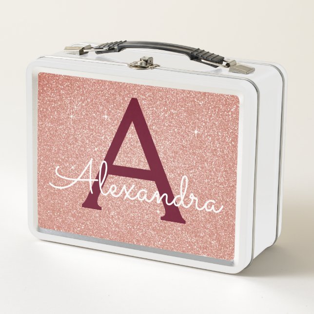 Pink Rose Gold Glitter & Sparkle Monogram Metal Lunch Box (Front)