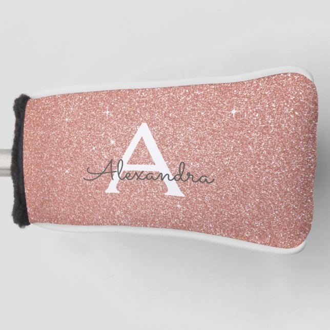 Pink Rose Gold Glitter & Sparkle Monogram Name Golf Head Cover (Front)