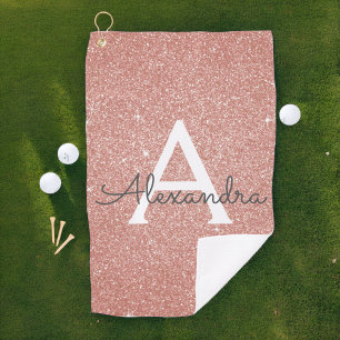 Pink Rose Gold Glitter & Sparkle Monogram Name Golf Towel