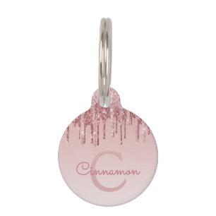 Pink Rose Gold Glitter & Sparkle Monogram Name Pet Tag