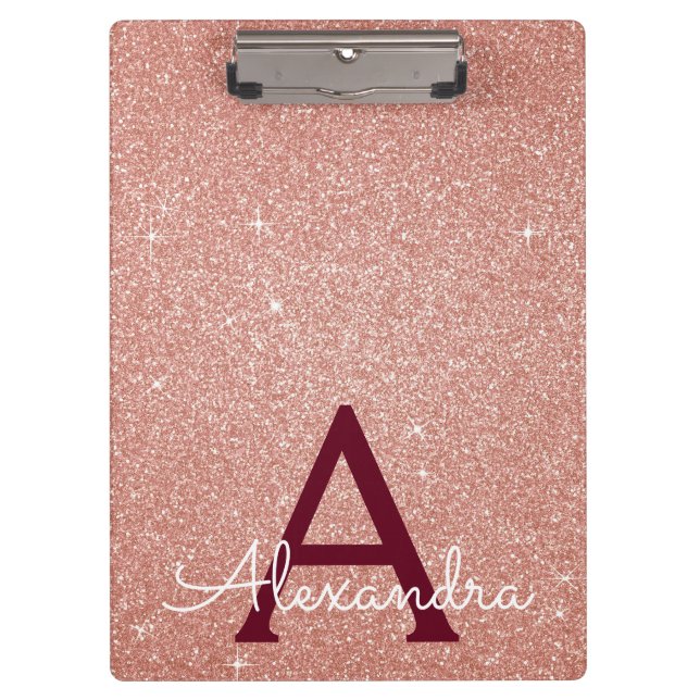 Pink Rose Gold Glitter & Sparkle Monogram School Clipboard (Front)