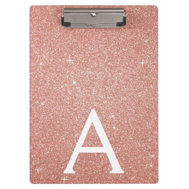 Pink Rose Gold Glitter & Sparkle Monogram School Clipboard (Front)