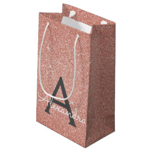 Pink Rose Gold Glitter & Sparkle Monogram Small Gift Bag