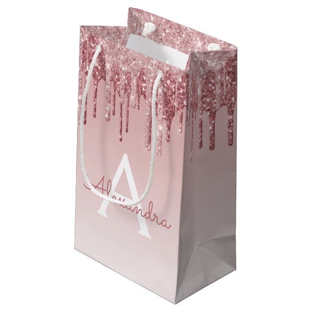Pink Rose Gold Glitter & Sparkle Monogram Small Gift Bag (Back Angled)