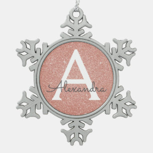 Pink Rose Gold Glitter & Sparkle Monogram Snowflake Pewter Christmas Ornament