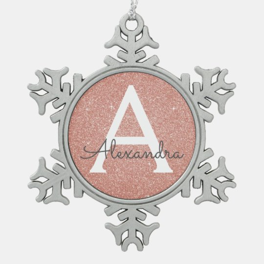 Pink Rose Gold Glitter & Sparkle Monogram Snowflake Pewter Christmas Ornament