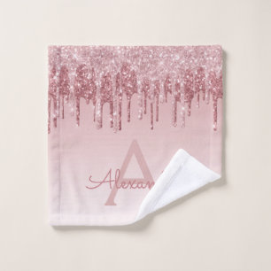 Pink Rose Gold Glitter & Sparkle Monogram Wash Cloth