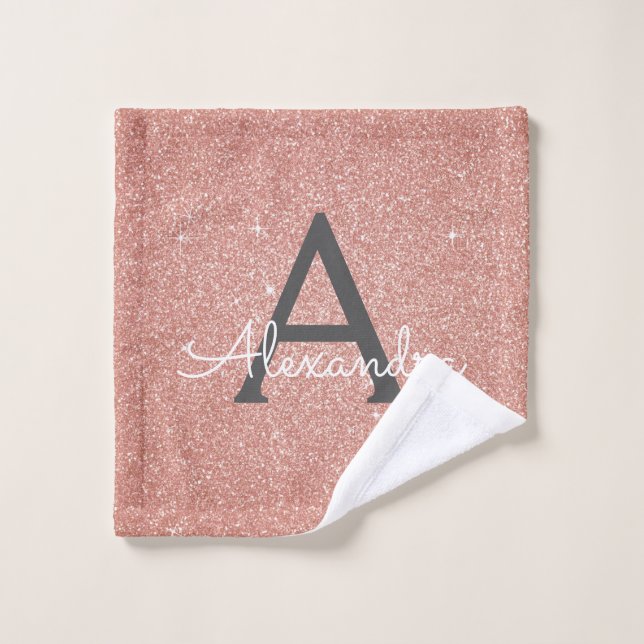 Pink Rose Gold Glitter & Sparkle Monogram Wash Cloth (Wash Cloth)