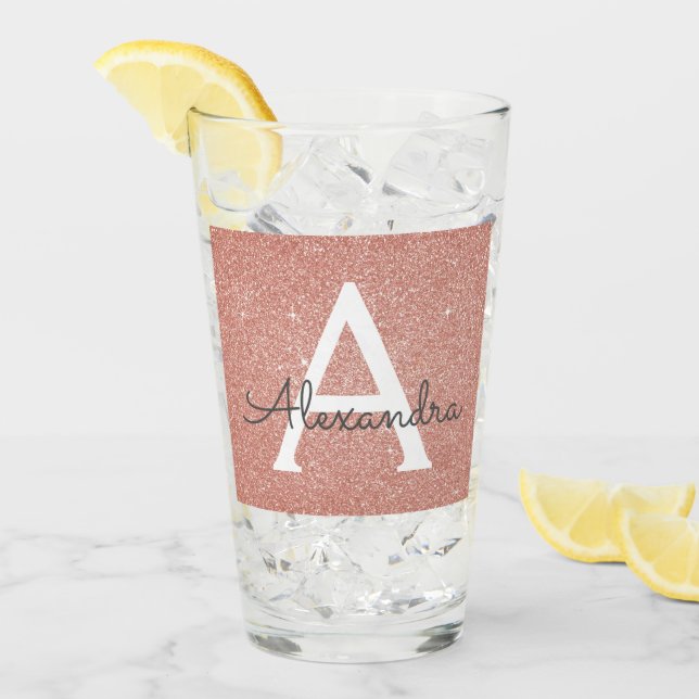 Pink Rose Gold Glitter & Sparkle Monogram Wedding Glass (Front Ice)