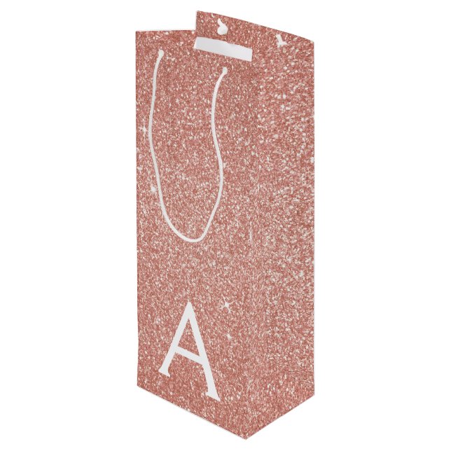 Pink Rose Gold Glitter & Sparkle Monogram Wine Gift Bag (Back Angled)