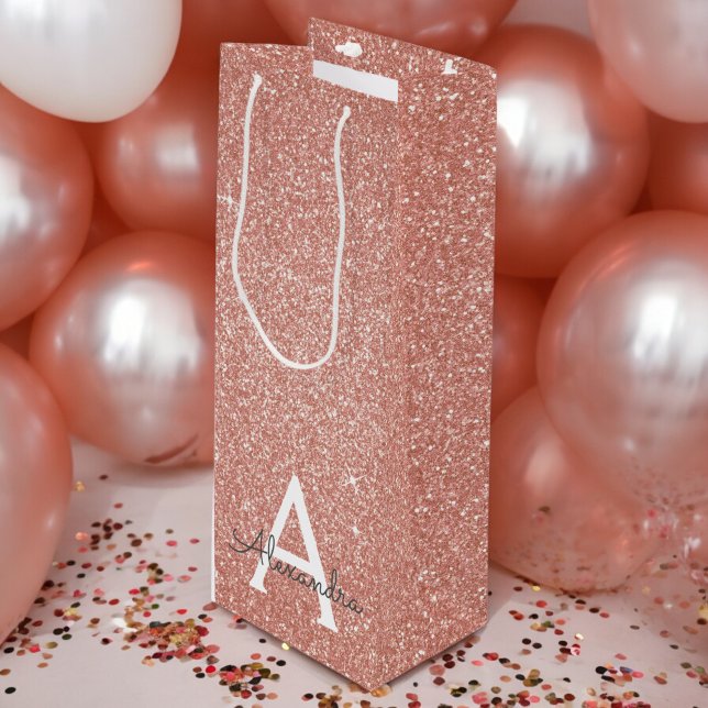 Pink Rose Gold Glitter & Sparkle Monogram Wine Gift Bag (Creator Uploaded)