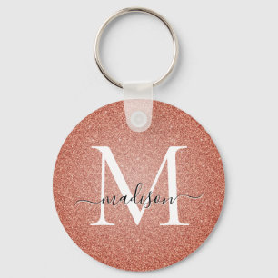 Pink Rose Gold Glitter Sparkle Script Monogram Key Ring