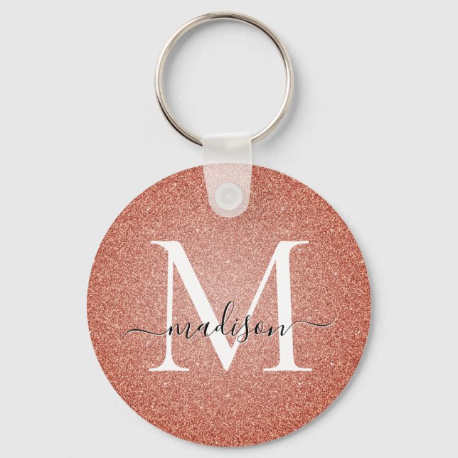 Pink Rose Gold Glitter Sparkle Script Monogram Key Ring (Front)